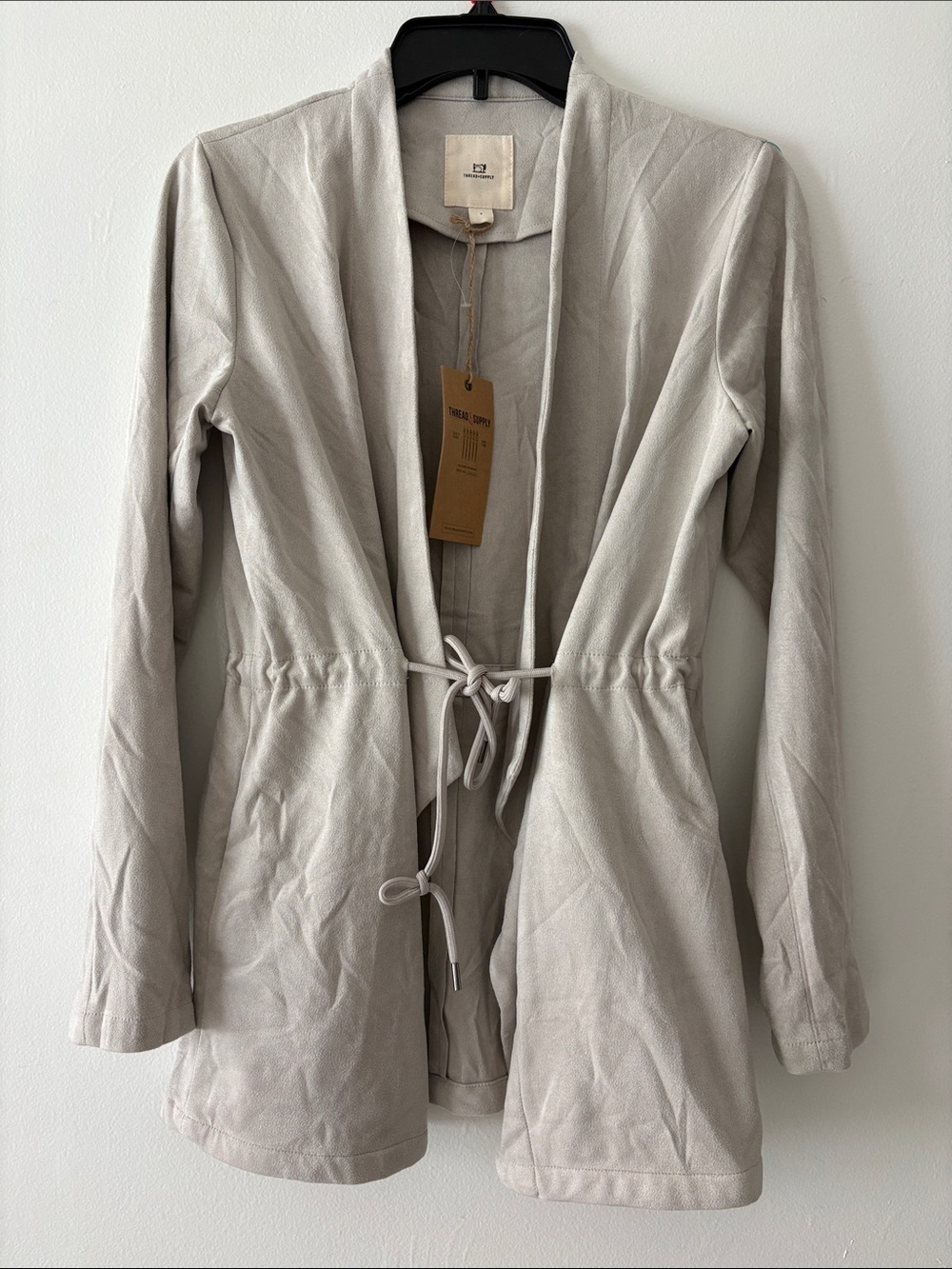 NWT Thread & Supply Light Grayish,Tan Open-Front Drawstring Trench Jacket